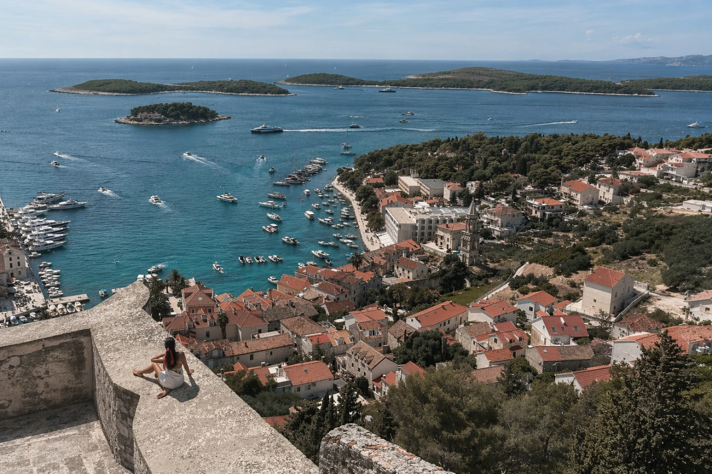 Hvar Town and the Pakleni Islands viewed from Fortica above the harbour