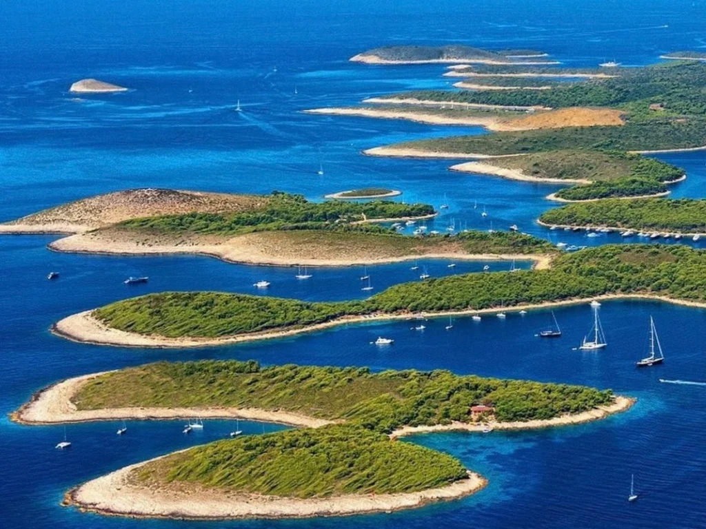 Aerial view of the Pakleni Islands and their blue bays near Hvar