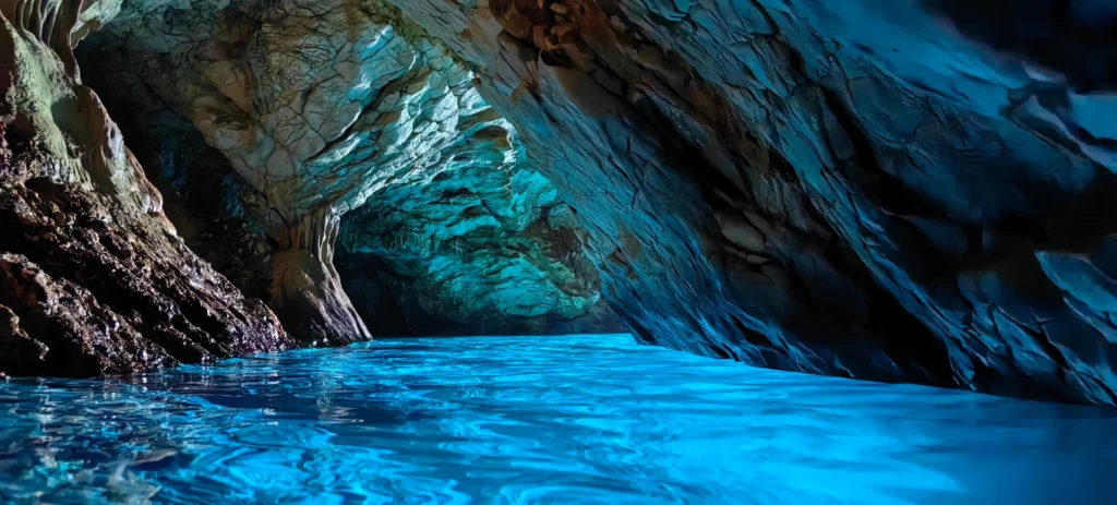 Fluorescent blue water inside Little Blue Cave on Hvar