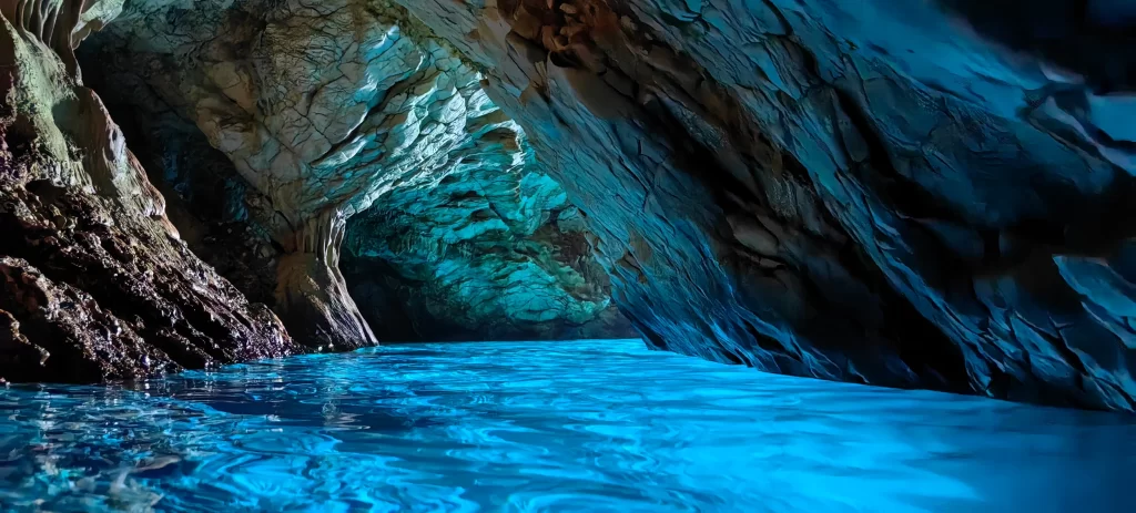Turquoise water inside the Little Blue Cave on Hvar