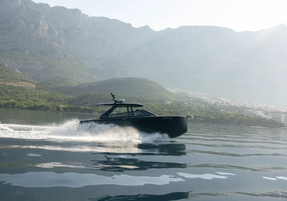 Colnago 38 OPEN speeding across calm Adriatic waters near Makarska