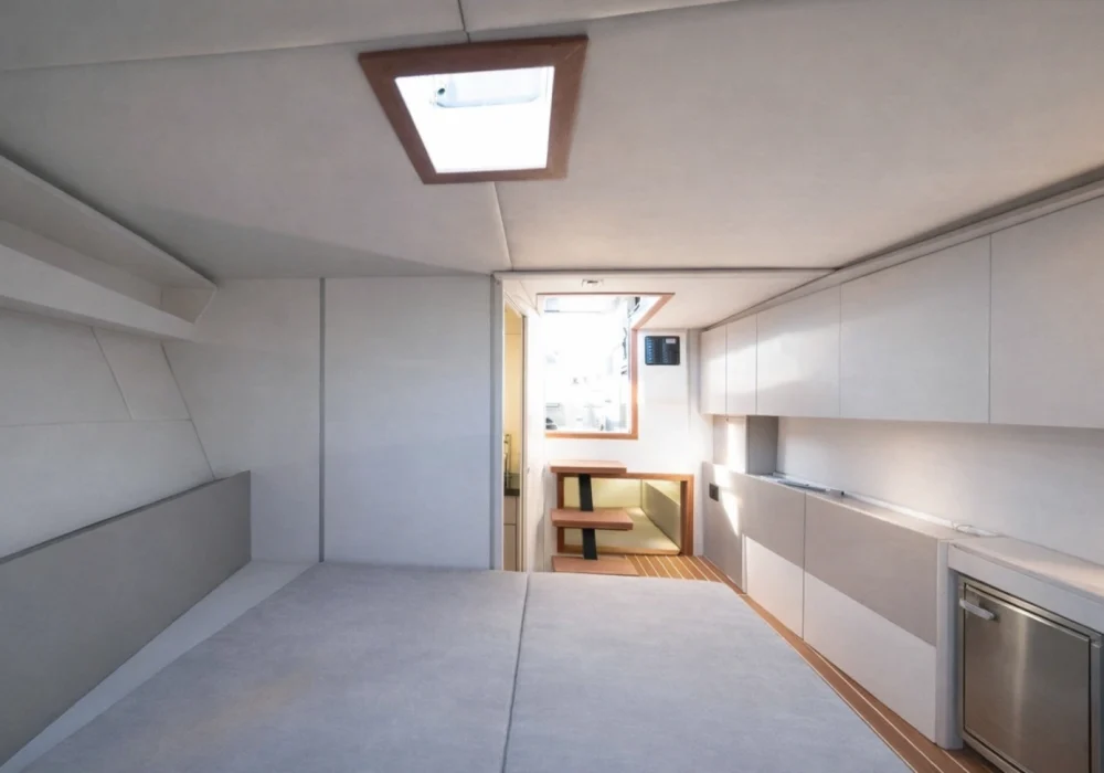 Interior cabin of Colnago 38 OPEN luxury boat with modern sleeping area